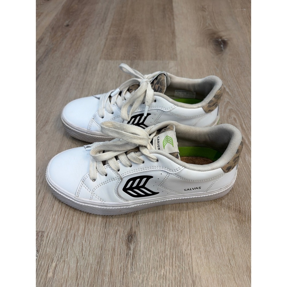 Cariuma Salvas White Leather Leopard Print Low Top Sneakers Women Size 8